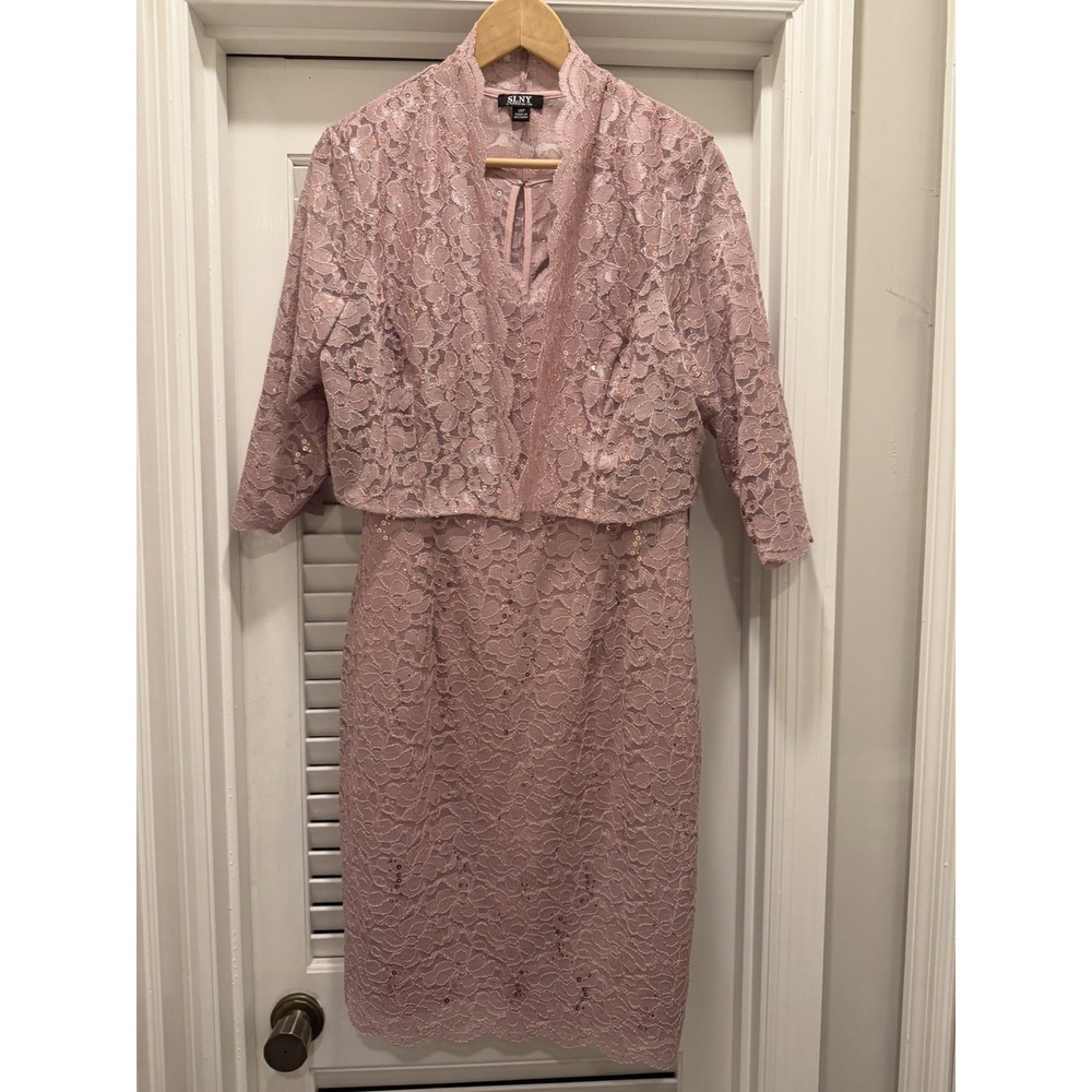 NWT! MOB/Cocktail Sequin Dress Rose/Pink Lace Evenings SLNY 14 Petite 2pc